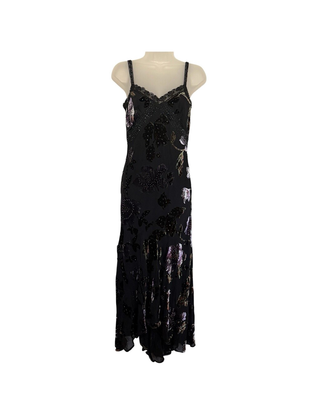 Sue Wong Black Velvet Beaded Maxi Gown Dress Vintage Silk Size 4 - Picture 2 of 9